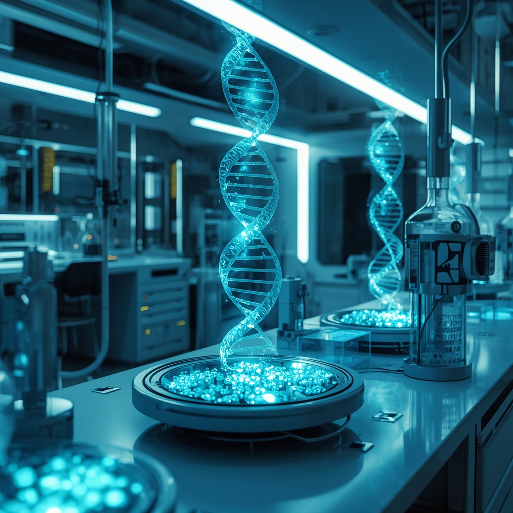 A futuristic biohacking laboratory with glowing blue holographic DNA strands, advanced medical equipment, petri dishes with glowing cultures, neural interface devices, clean white surfaces with teal and electric blue lighting, ultra modern scientific environment, 8k photorealistic, cinematic depth of field, no people, no text, no women